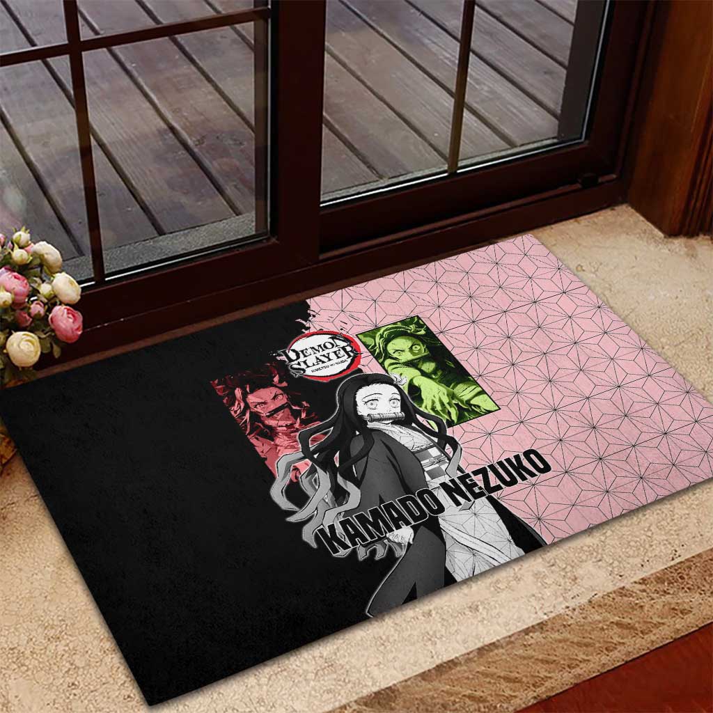 Nezuko Kamado from Demon Slayer Rubber Doormat with Pink Pattern Kimono and Demon Form Flames Design - The Mazicc