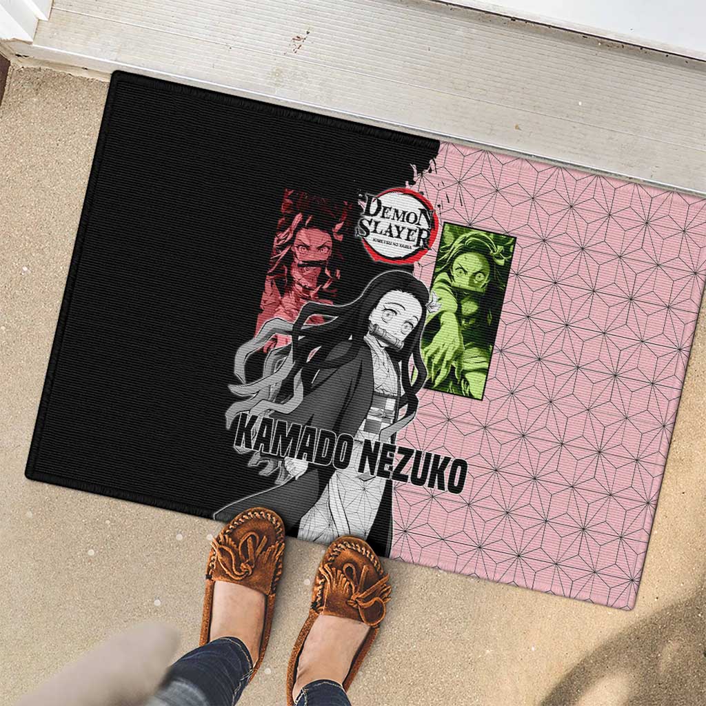 Nezuko Kamado from Demon Slayer Rubber Doormat with Pink Pattern Kimono and Demon Form Flames Design - The Mazicc