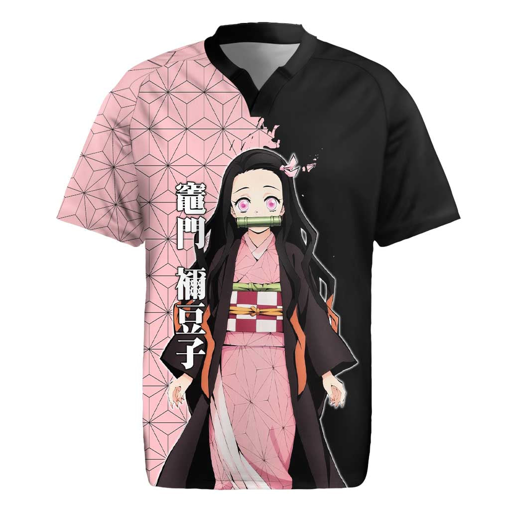 Nezuko Kamado from Demon Slayer Rugby Jersey with Pink Pattern Kimono and Demon Form Flames Design - The Mazicc