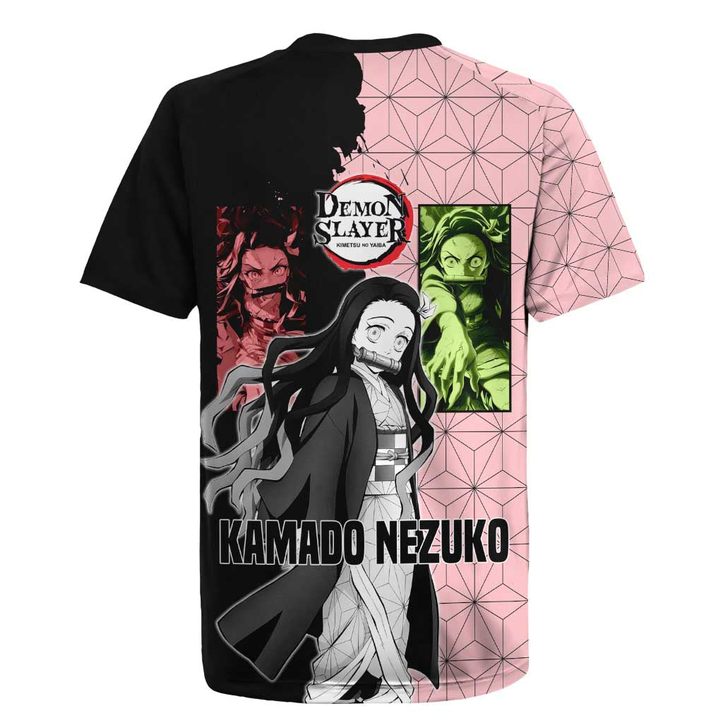 Nezuko Kamado from Demon Slayer Rugby Jersey with Pink Pattern Kimono and Demon Form Flames Design - The Mazicc