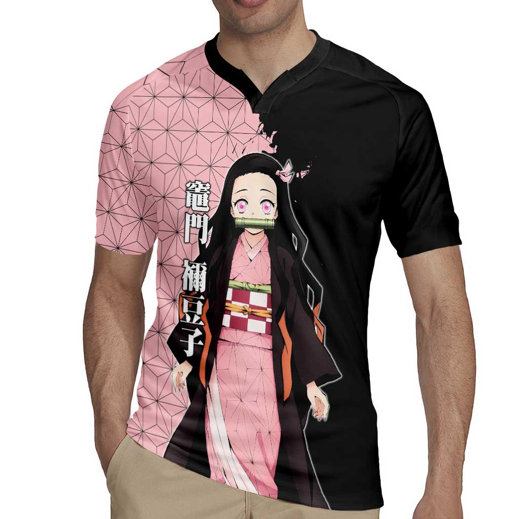 Nezuko Kamado from Demon Slayer Rugby Jersey with Pink Pattern Kimono and Demon Form Flames Design - The Mazicc