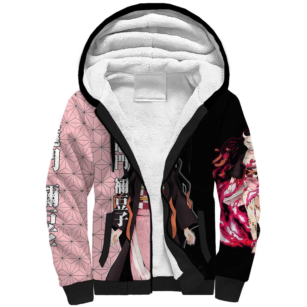 Nezuko Kamado from Demon Slayer Sherpa Hoodie with Pink Pattern Kimono and Demon Form Flames Design - The Mazicc