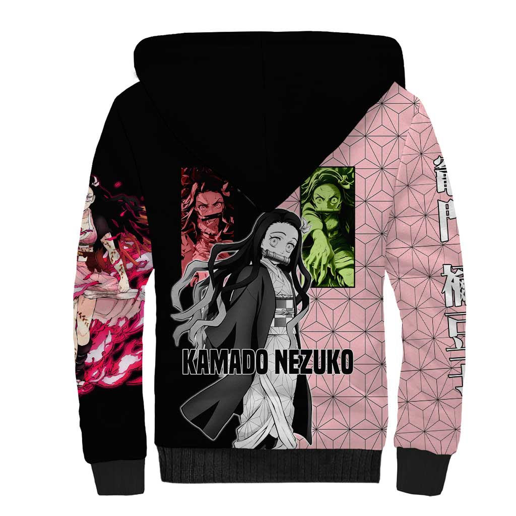 Nezuko Kamado from Demon Slayer Sherpa Hoodie with Pink Pattern Kimono and Demon Form Flames Design - The Mazicc