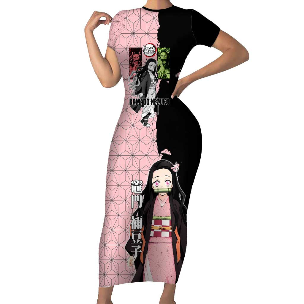Nezuko Kamado from Demon Slayer Short Sleeve Bodycon Dress with Pink Pattern Kimono and Demon Form Flames Design - The Mazicc