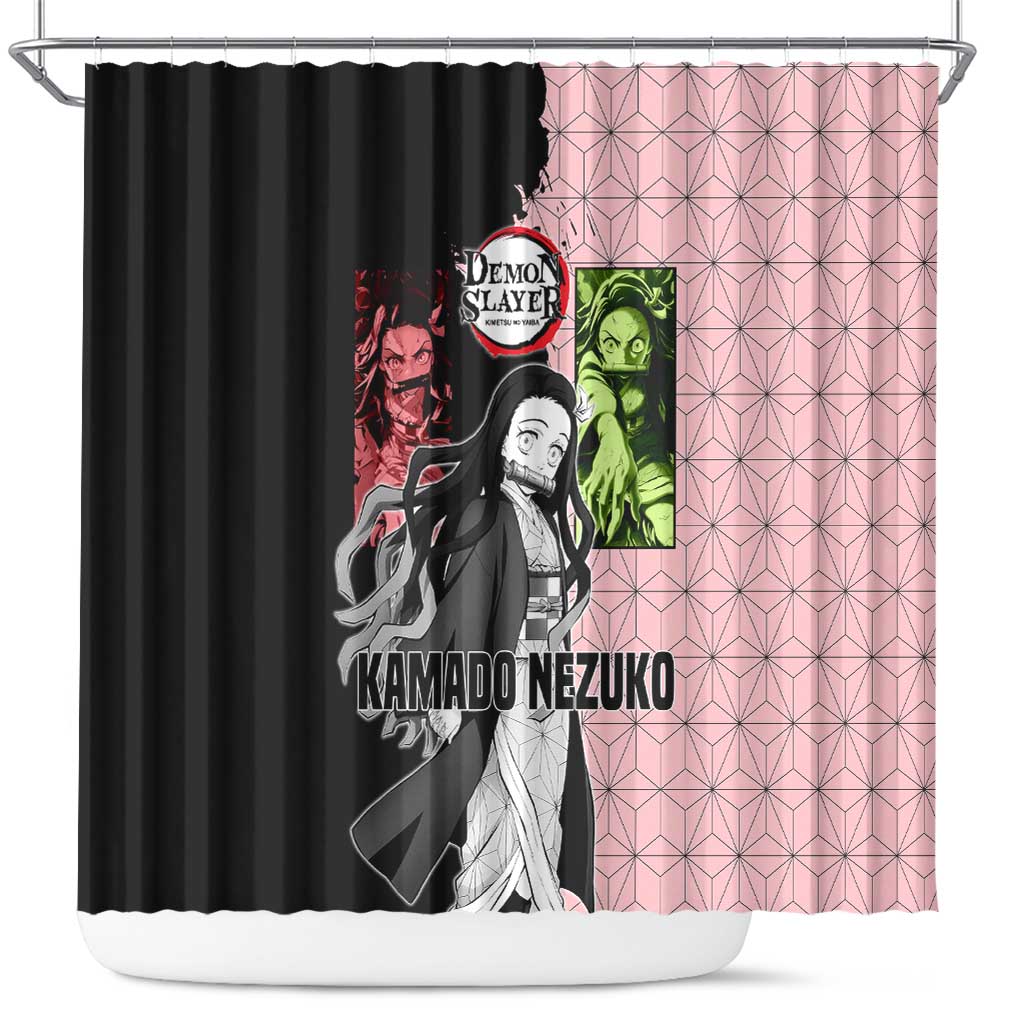 Nezuko Kamado from Demon Slayer Shower Curtain with Pink Pattern Kimono and Demon Form Flames Design - The Mazicc