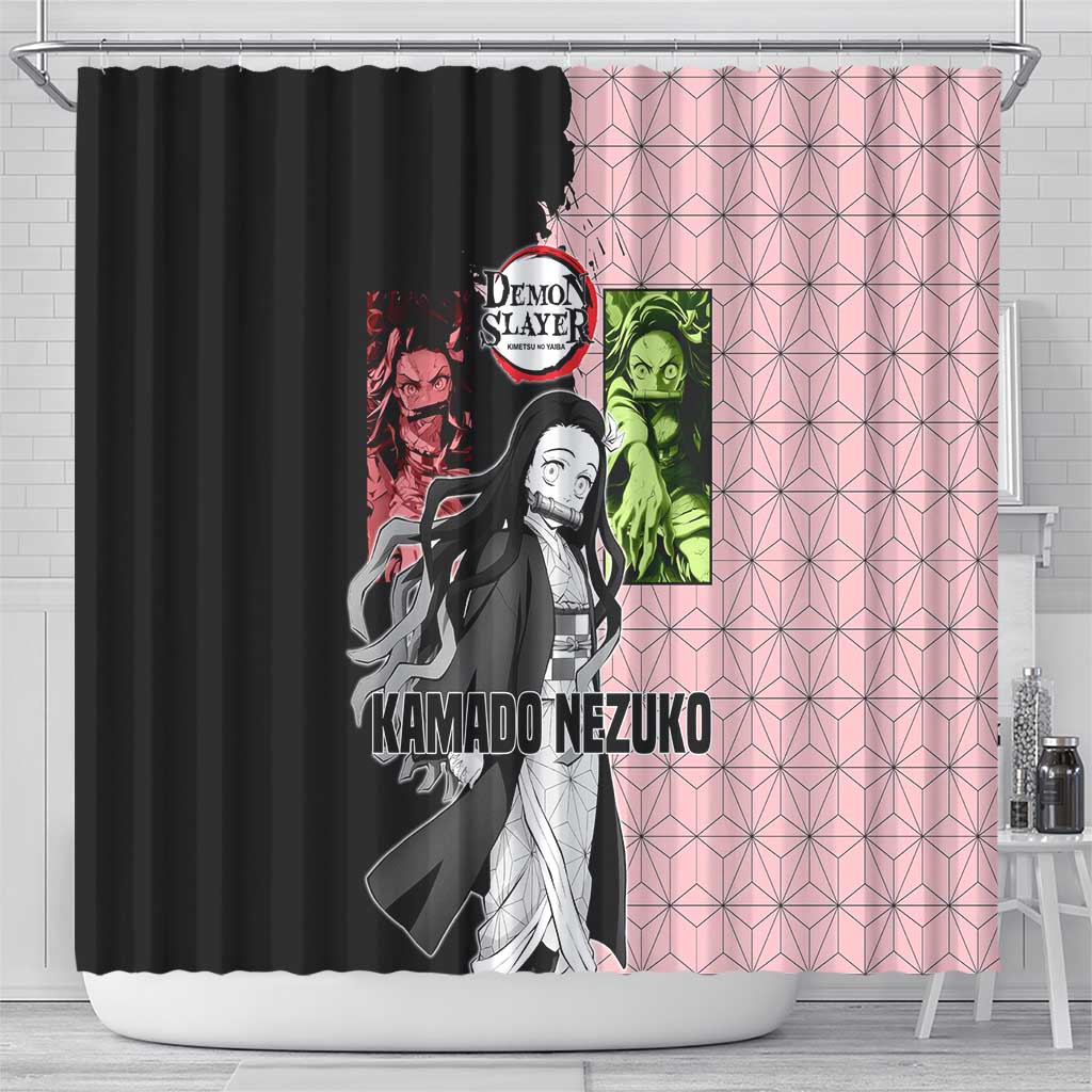 Nezuko Kamado from Demon Slayer Shower Curtain with Pink Pattern Kimono and Demon Form Flames Design - The Mazicc