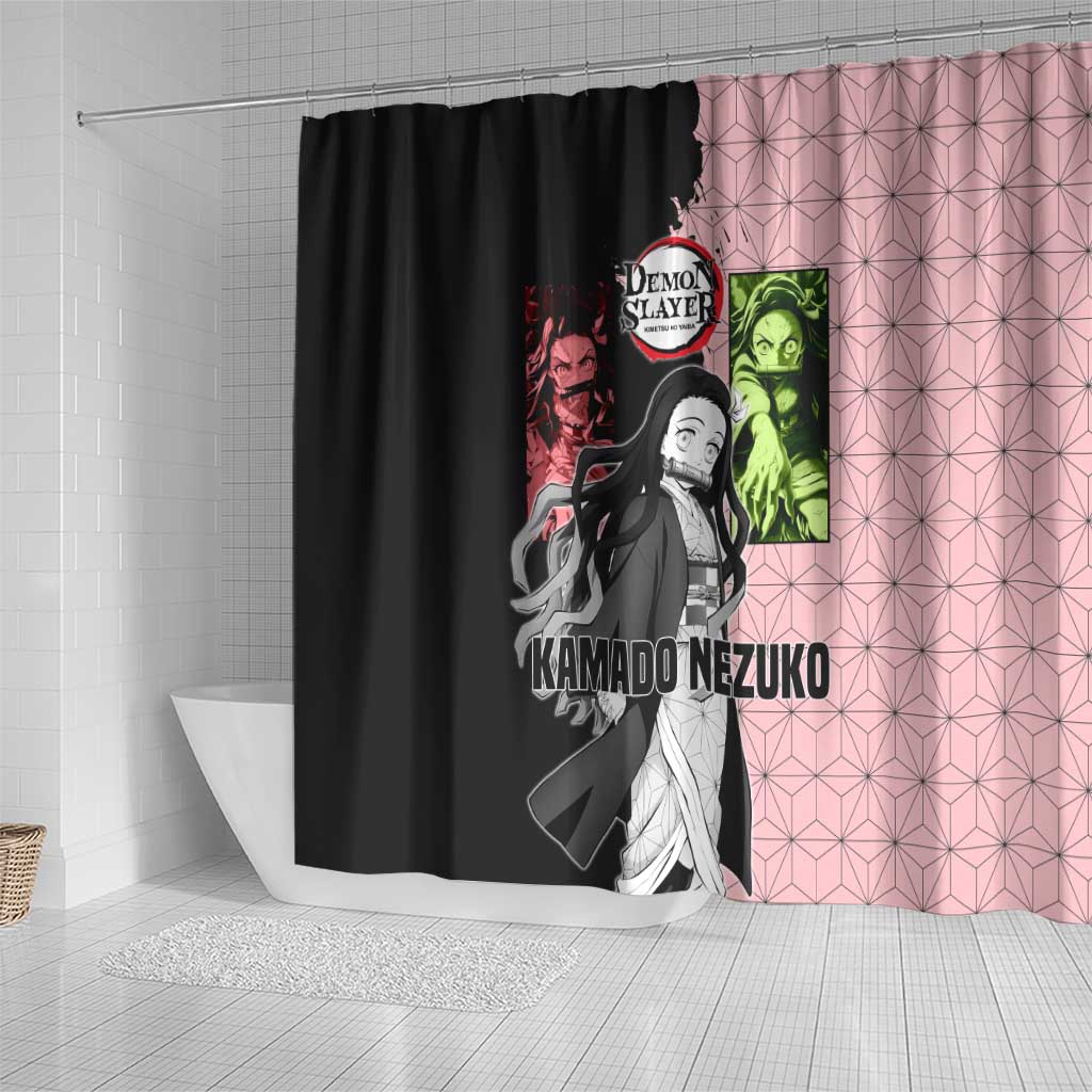 Nezuko Kamado from Demon Slayer Shower Curtain with Pink Pattern Kimono and Demon Form Flames Design - The Mazicc