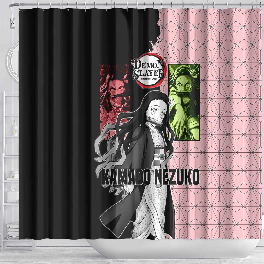 Nezuko Kamado from Demon Slayer Shower Curtain with Pink Pattern Kimono and Demon Form Flames Design - The Mazicc