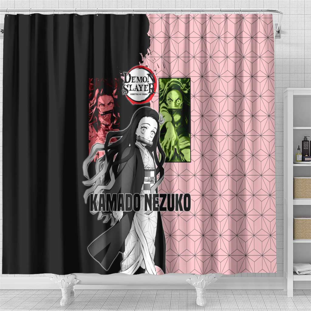 Nezuko Kamado from Demon Slayer Shower Curtain with Pink Pattern Kimono and Demon Form Flames Design - The Mazicc