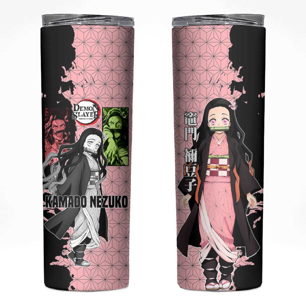 Nezuko Kamado from Demon Slayer Skinny Tumbler with Pink Pattern Kimono and Demon Form Flames Design - The Mazicc
