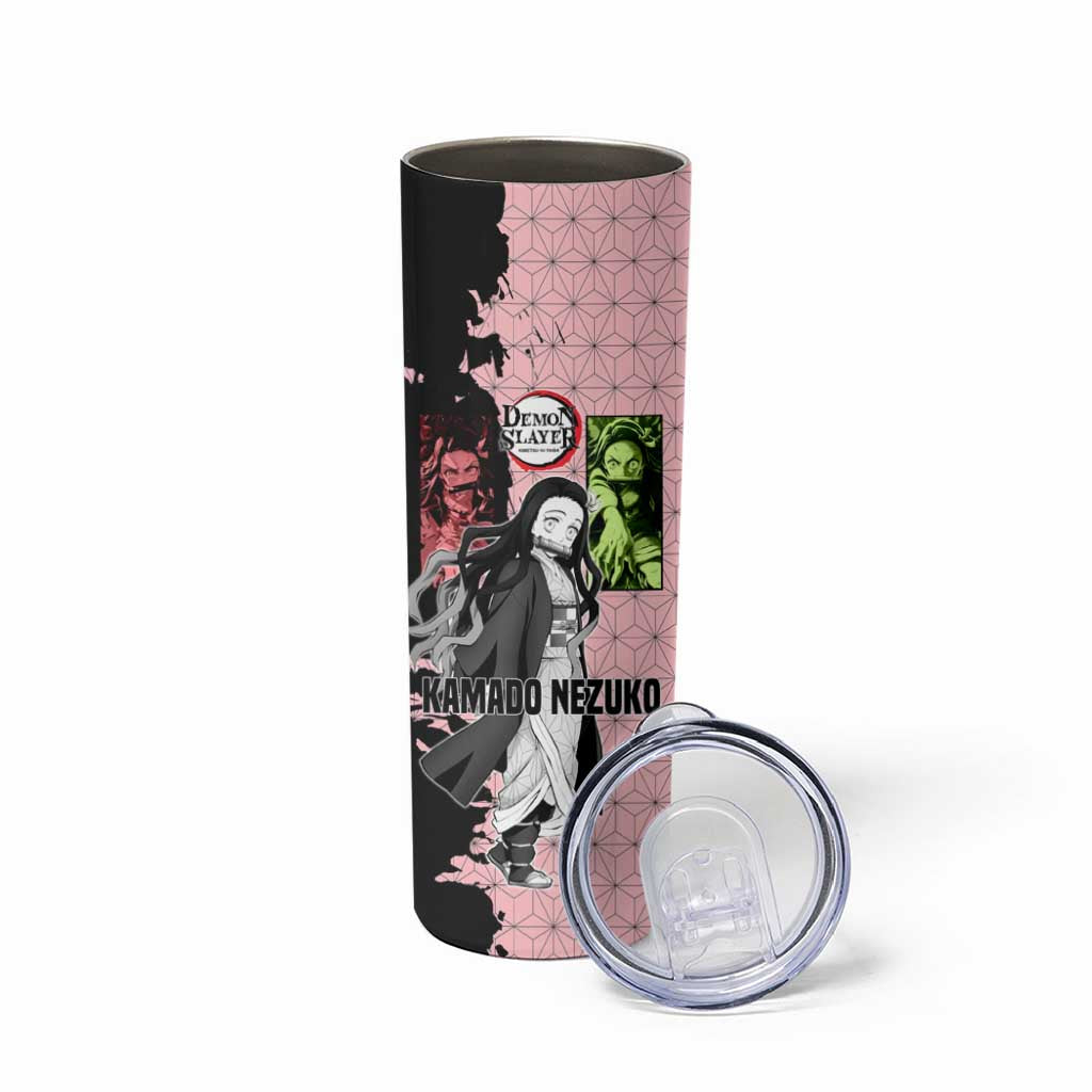 Nezuko Kamado from Demon Slayer Skinny Tumbler with Pink Pattern Kimono and Demon Form Flames Design - The Mazicc