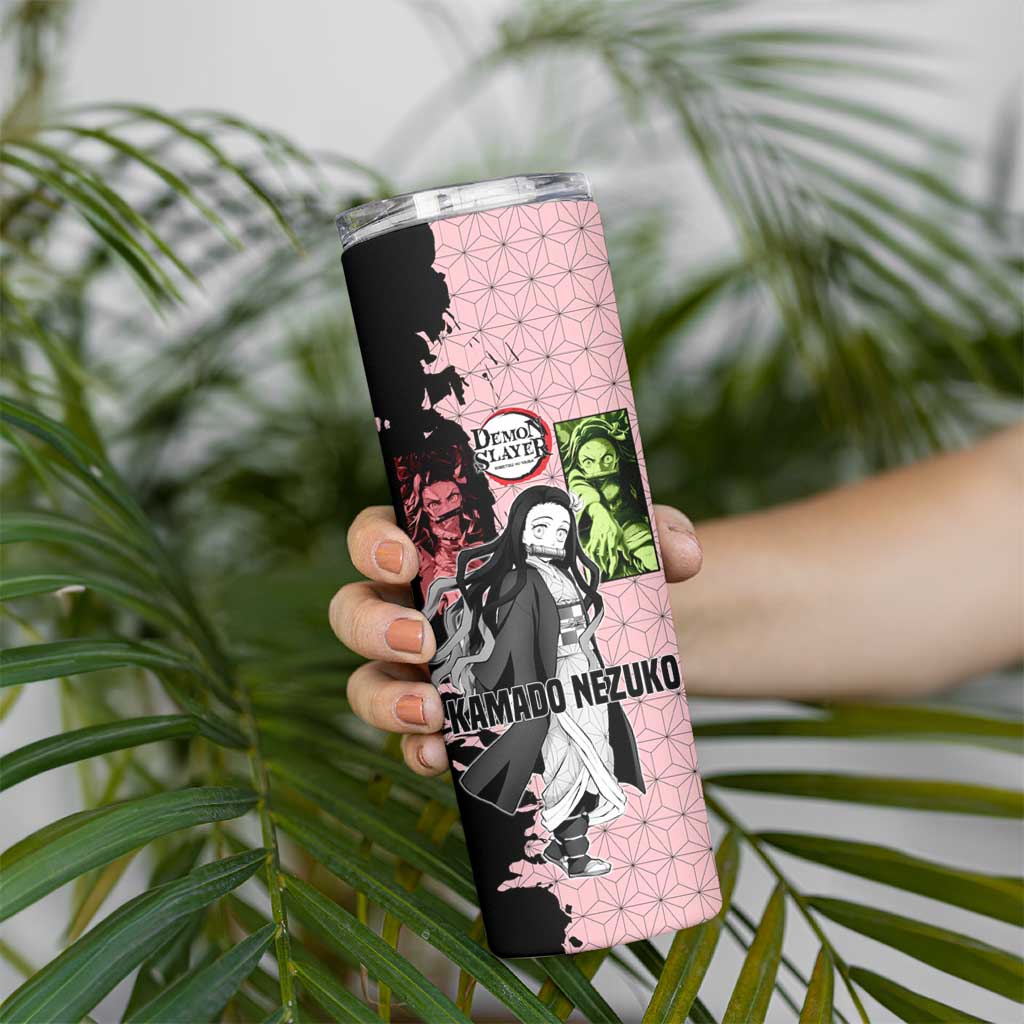 Nezuko Kamado from Demon Slayer Skinny Tumbler with Pink Pattern Kimono and Demon Form Flames Design - The Mazicc