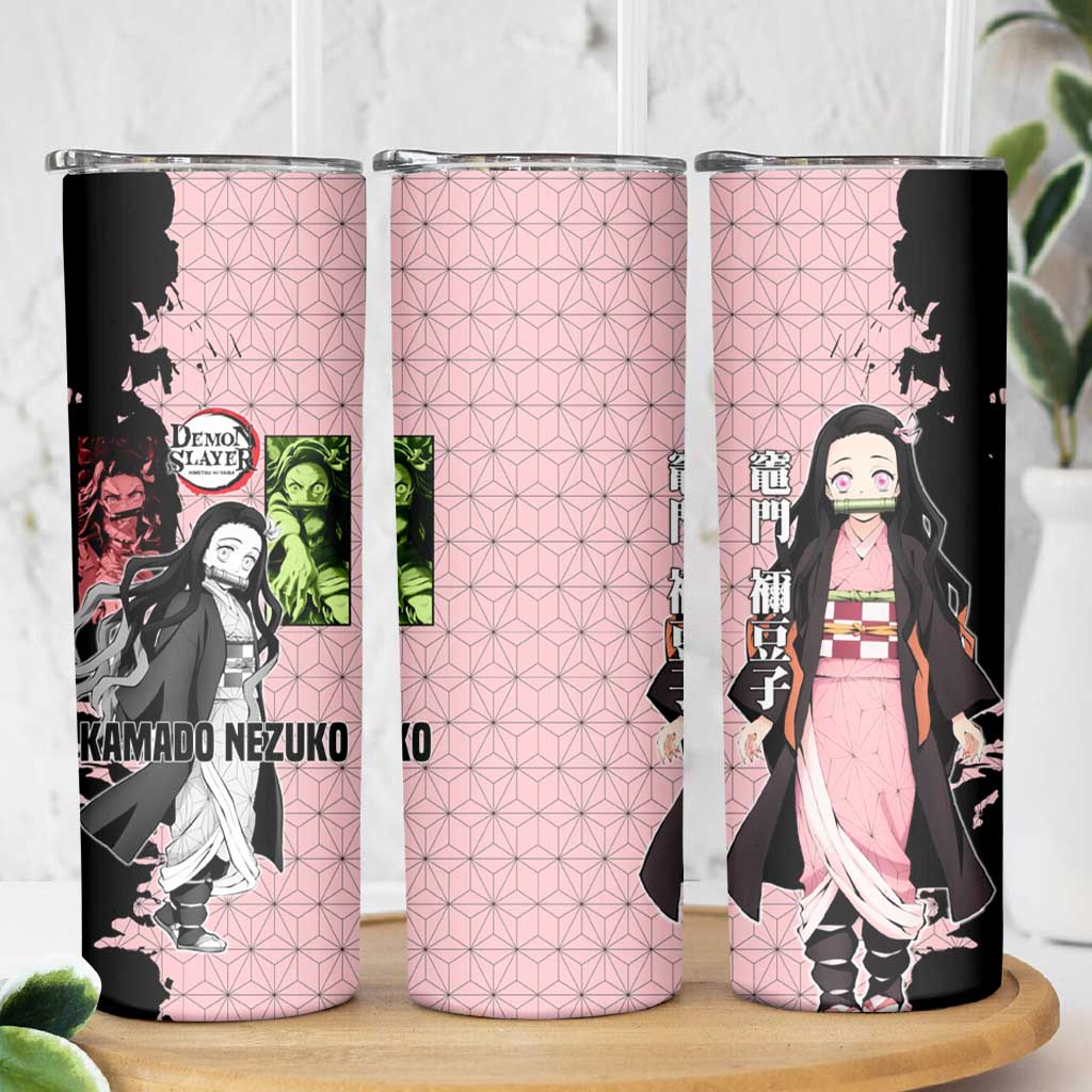 Nezuko Kamado from Demon Slayer Skinny Tumbler with Pink Pattern Kimono and Demon Form Flames Design - The Mazicc