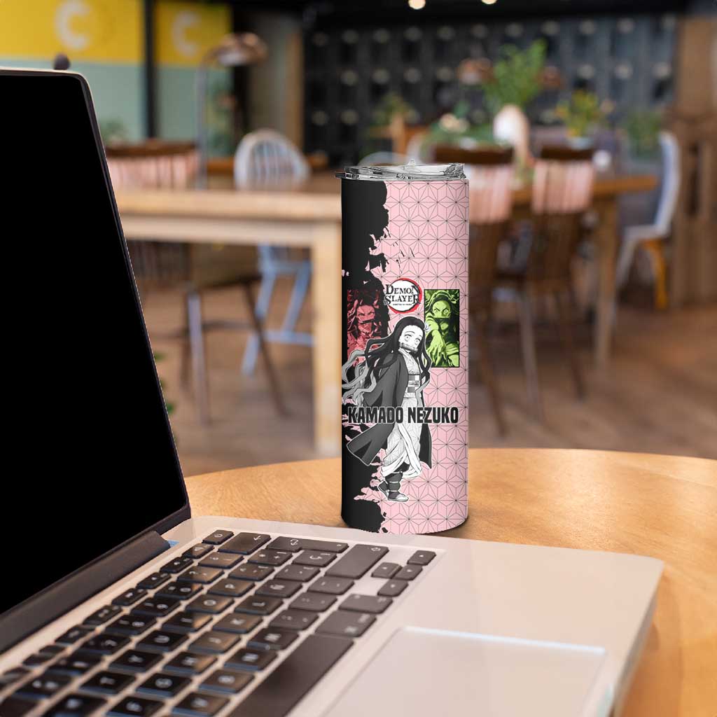 Nezuko Kamado from Demon Slayer Skinny Tumbler with Pink Pattern Kimono and Demon Form Flames Design - The Mazicc