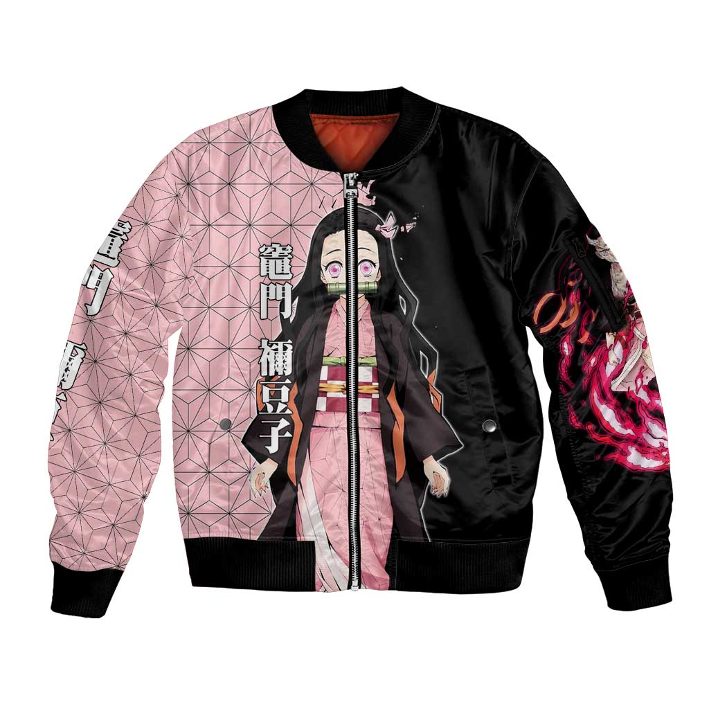 Nezuko Kamado from Demon Slayer Sleeve Zip Bomber Jacket with Pink Pattern Kimono and Demon Form Flames Design - The Mazicc