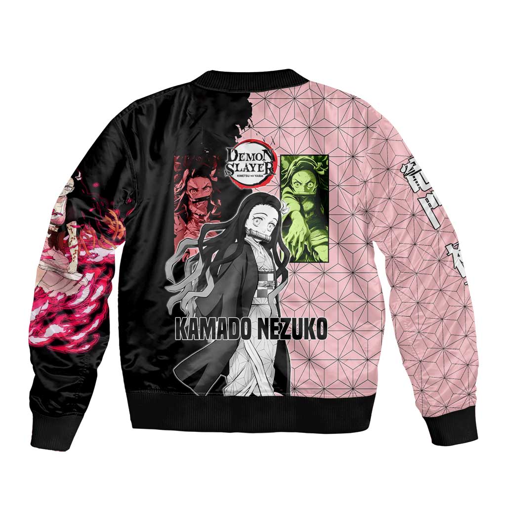 Nezuko Kamado from Demon Slayer Sleeve Zip Bomber Jacket with Pink Pattern Kimono and Demon Form Flames Design - The Mazicc