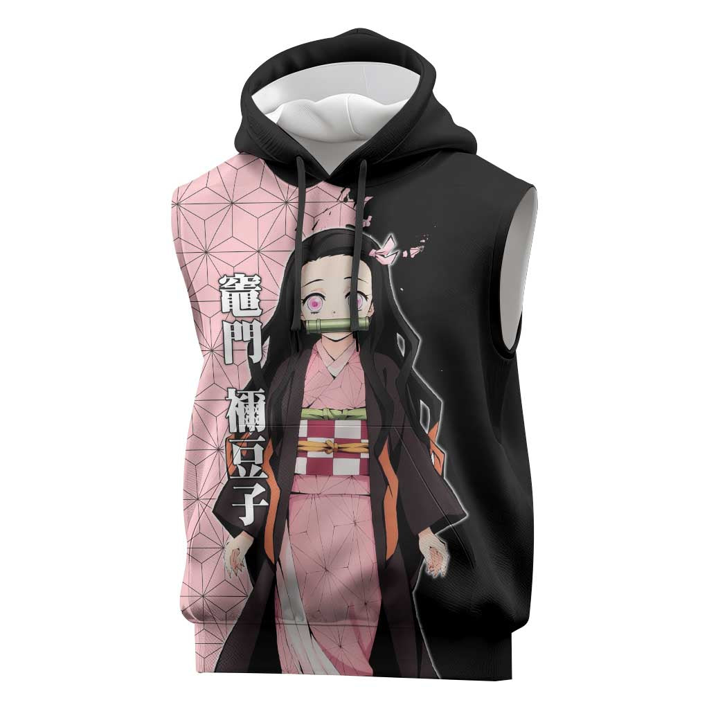 Nezuko Kamado from Demon Slayer Sleeveless Hoodie with Pink Pattern Kimono and Demon Form Flames Design - The Mazicc
