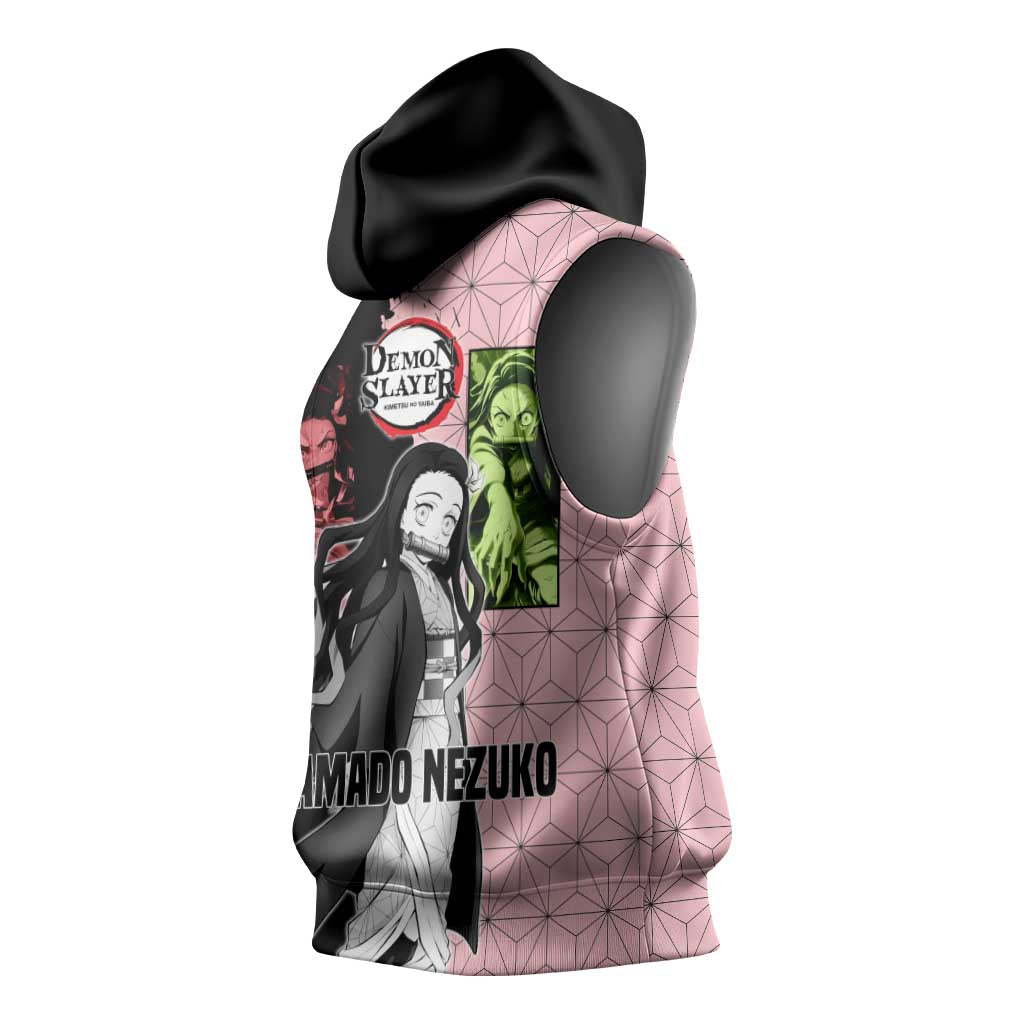 Nezuko Kamado from Demon Slayer Sleeveless Hoodie with Pink Pattern Kimono and Demon Form Flames Design - The Mazicc