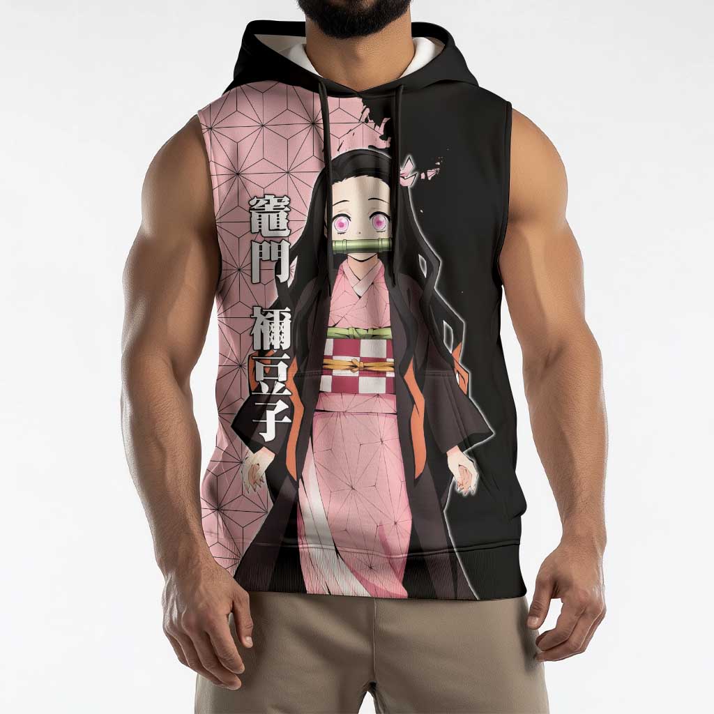 Nezuko Kamado from Demon Slayer Sleeveless Hoodie with Pink Pattern Kimono and Demon Form Flames Design - The Mazicc
