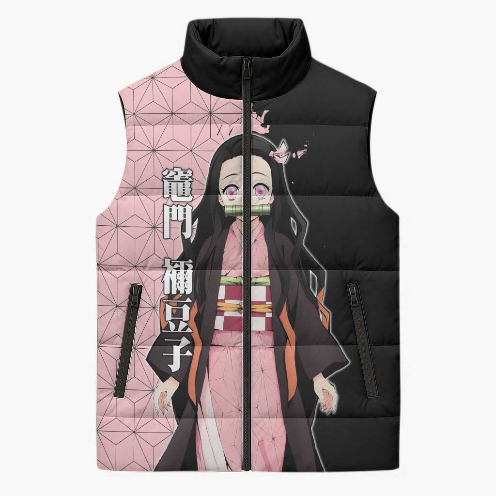 Nezuko Kamado from Demon Slayer Sleeveless Puffer Jacket with Pink Pattern Kimono and Demon Form Flames Design - The Mazicc