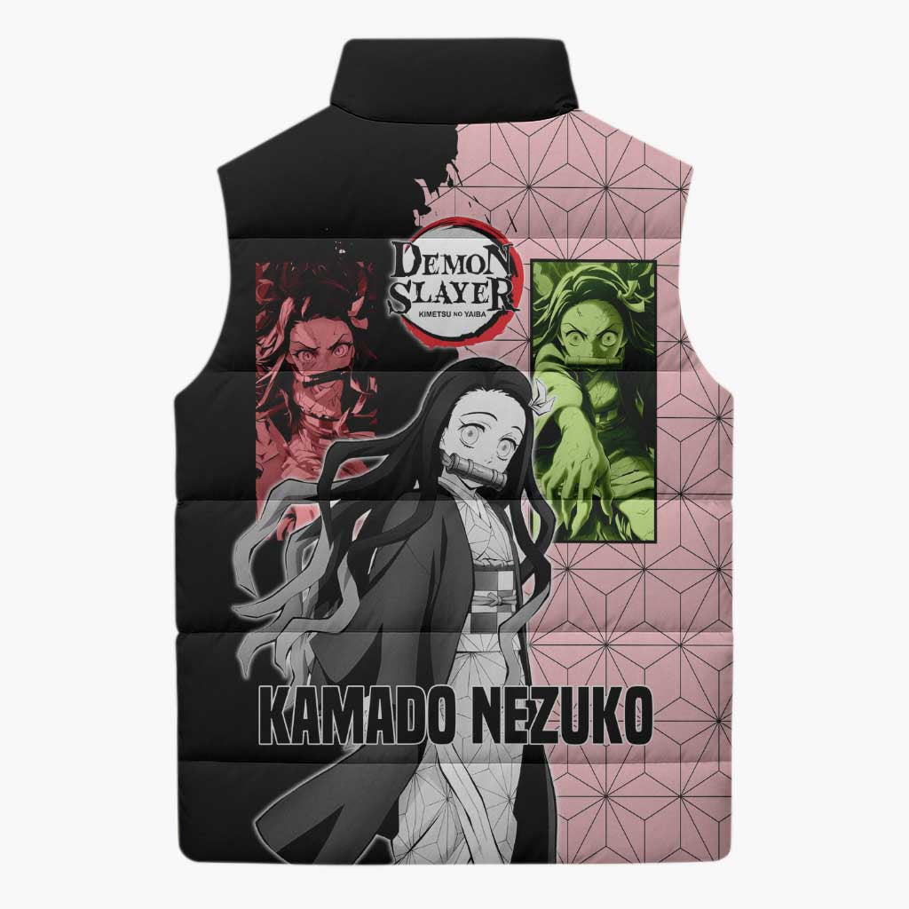 Nezuko Kamado from Demon Slayer Sleeveless Puffer Jacket with Pink Pattern Kimono and Demon Form Flames Design - The Mazicc