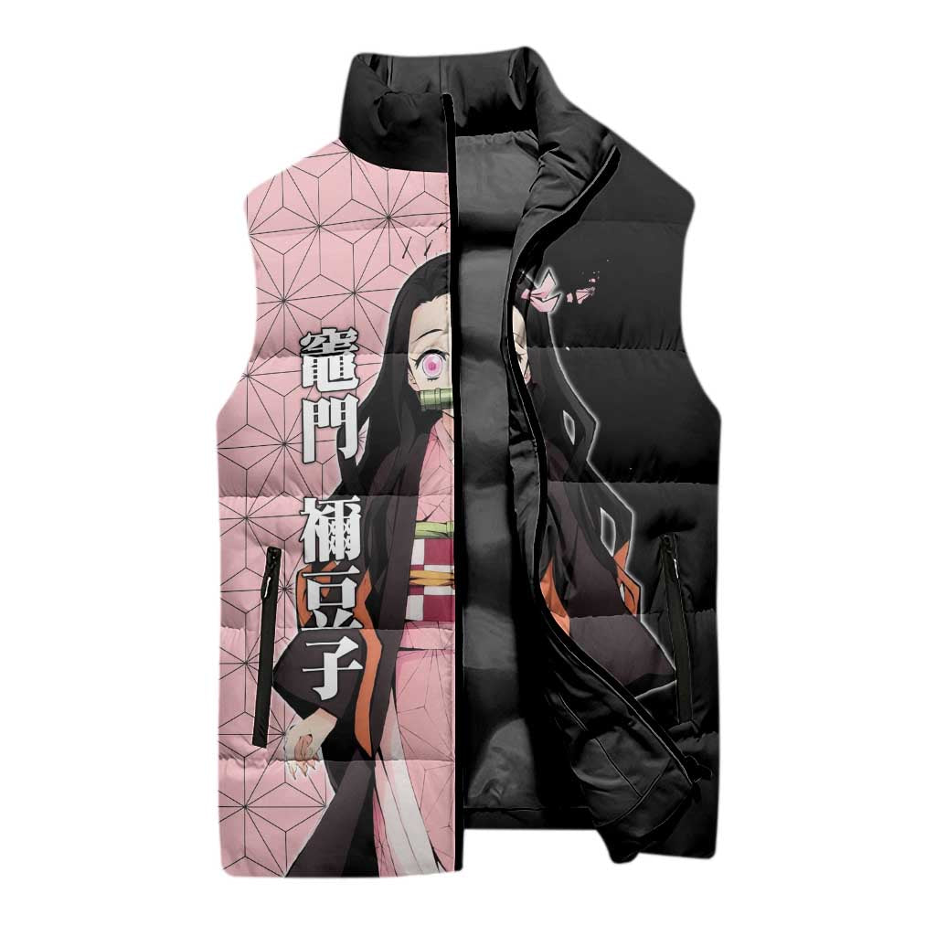 Nezuko Kamado from Demon Slayer Sleeveless Puffer Jacket with Pink Pattern Kimono and Demon Form Flames Design - The Mazicc