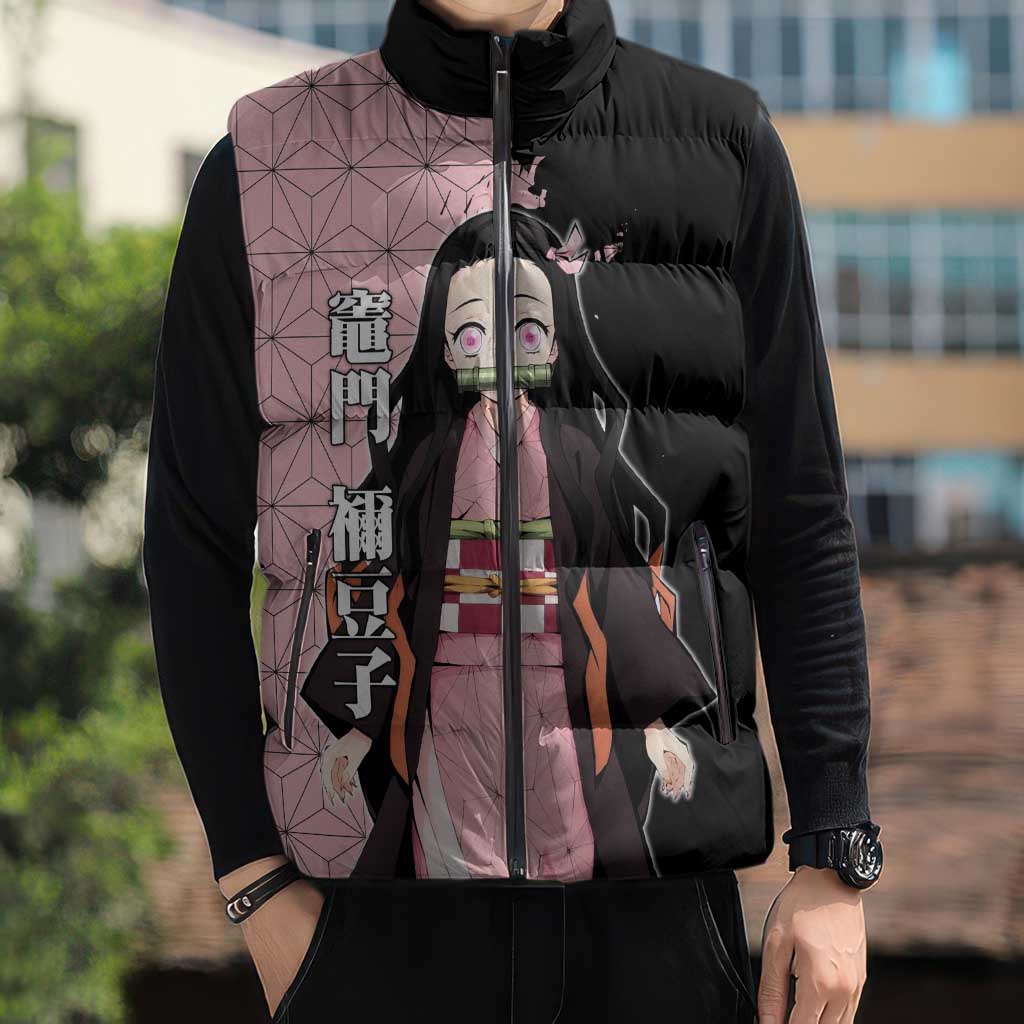 Nezuko Kamado from Demon Slayer Sleeveless Puffer Jacket with Pink Pattern Kimono and Demon Form Flames Design - The Mazicc