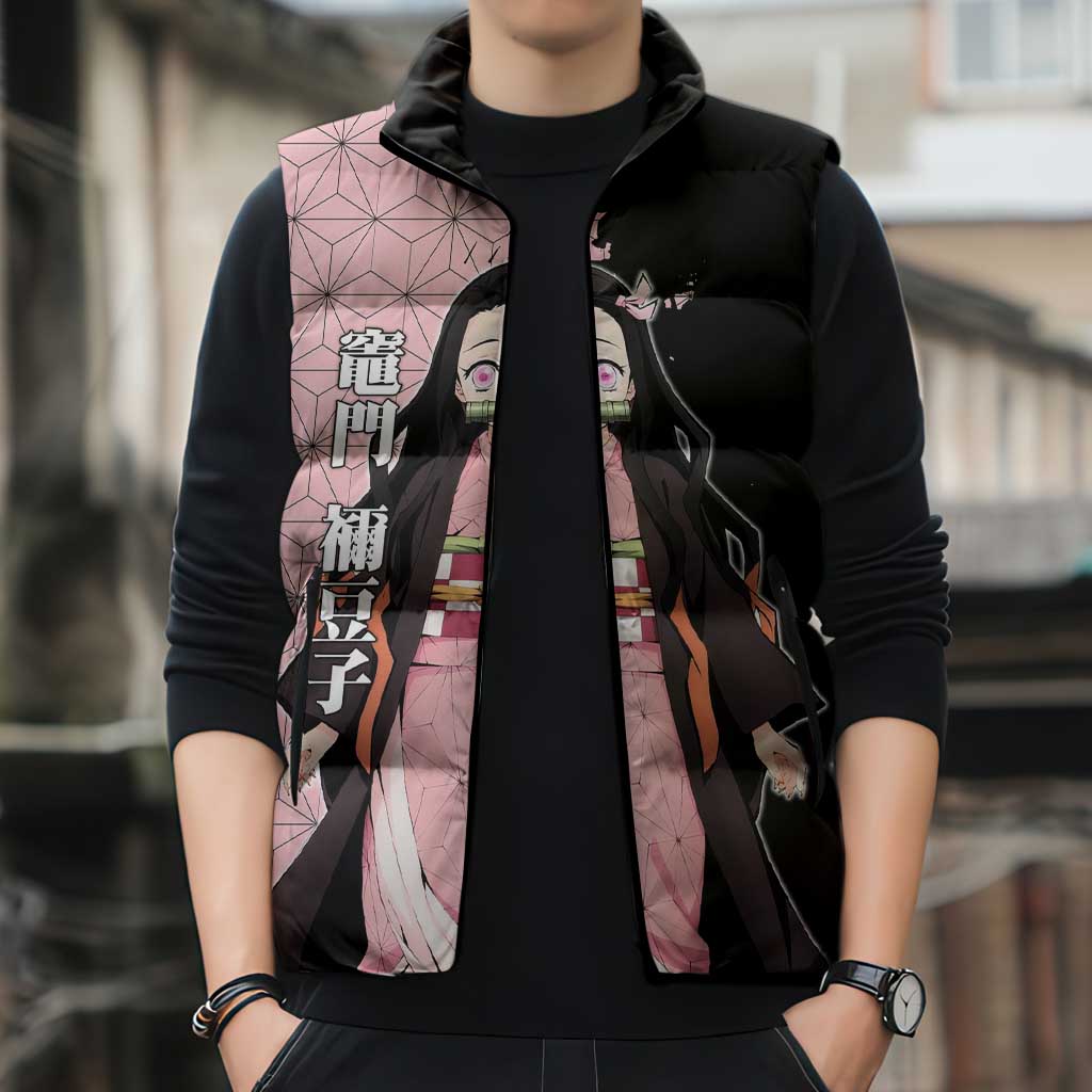 Nezuko Kamado from Demon Slayer Sleeveless Puffer Jacket with Pink Pattern Kimono and Demon Form Flames Design - The Mazicc