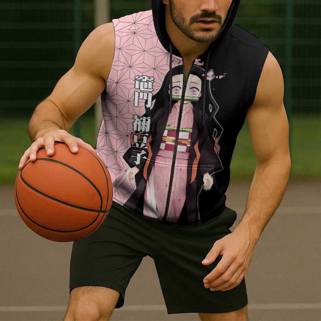 Nezuko Kamado from Demon Slayer Sleeveless Zip Hoodie with Pink Pattern Kimono and Demon Form Flames Design - The Mazicc
