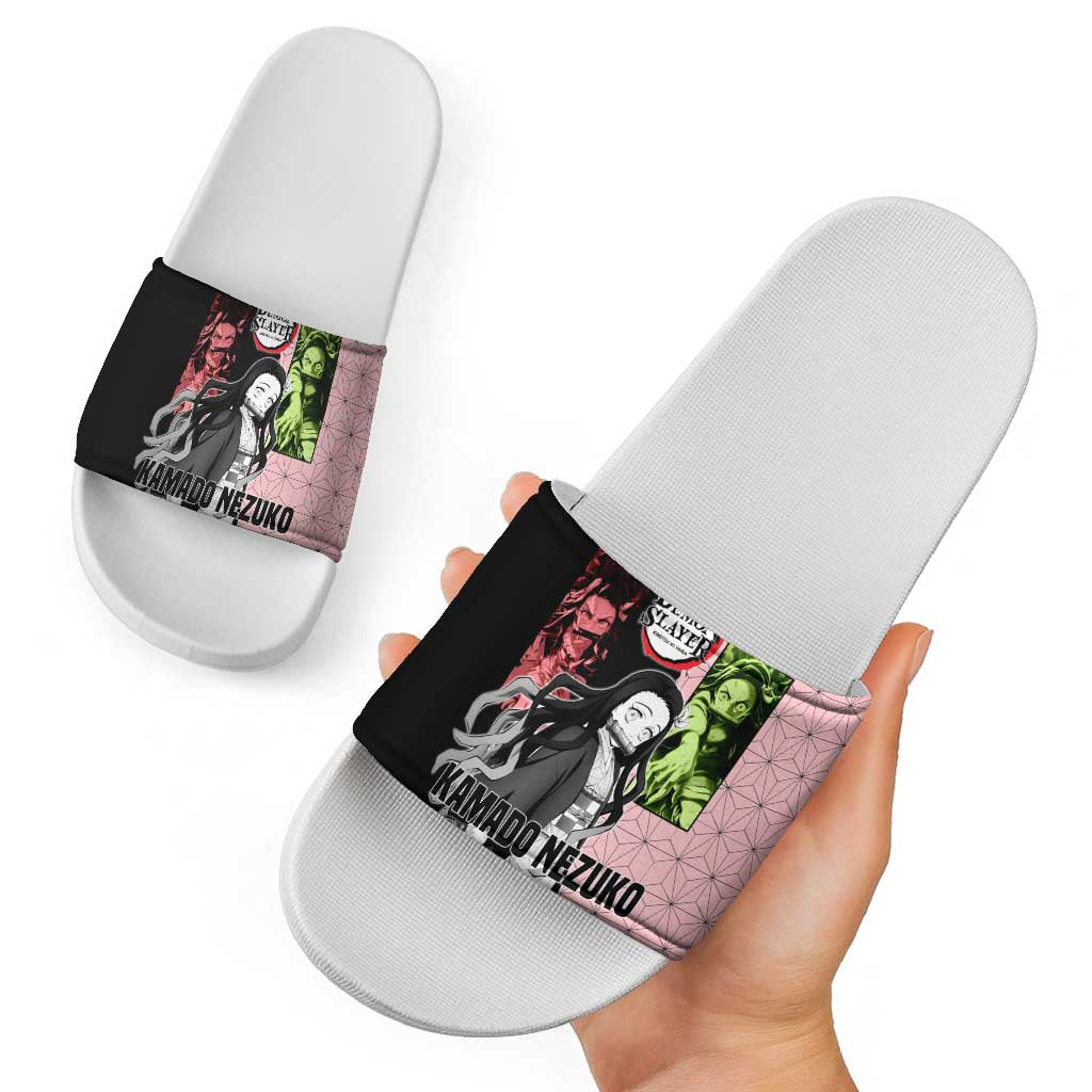 Nezuko Kamado from Demon Slayer Slide Sandals with Pink Pattern Kimono and Demon Form Flames Design - The Mazicc