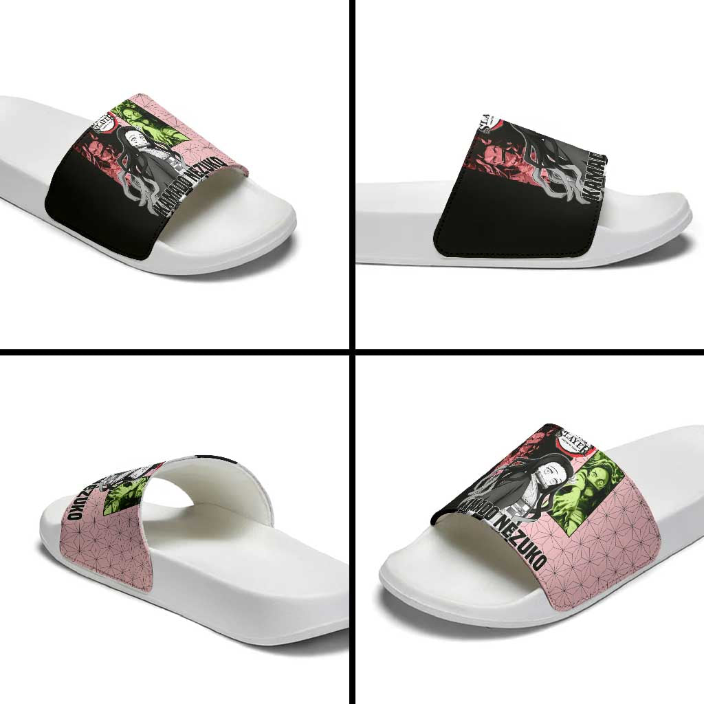 Nezuko Kamado from Demon Slayer Slide Sandals with Pink Pattern Kimono and Demon Form Flames Design - The Mazicc