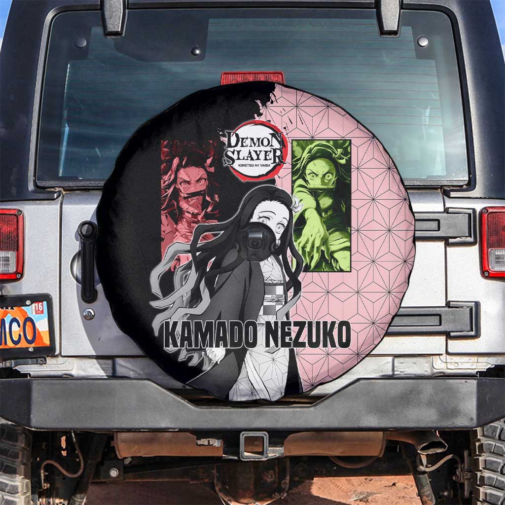 Nezuko Kamado from Demon Slayer Spare Tire Cover with Pink Pattern Kimono and Demon Form Flames Design - The Mazicc