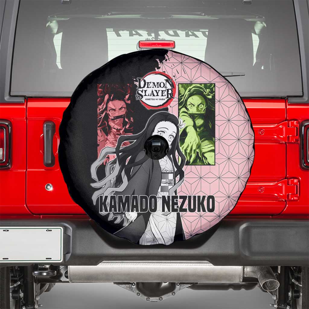 Nezuko Kamado from Demon Slayer Spare Tire Cover with Pink Pattern Kimono and Demon Form Flames Design - The Mazicc