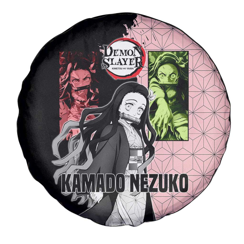 Nezuko Kamado from Demon Slayer Spare Tire Cover with Pink Pattern Kimono and Demon Form Flames Design - The Mazicc