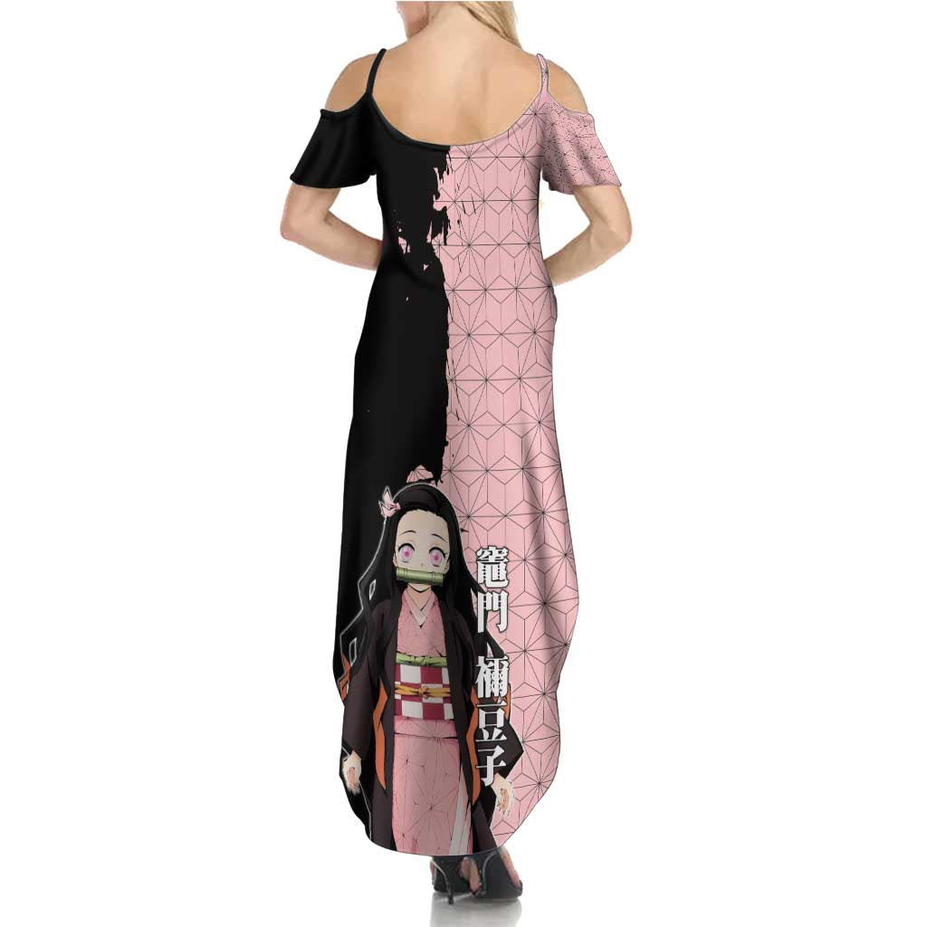 Nezuko Kamado from Demon Slayer Summer Maxi Dress with Pink Pattern Kimono and Demon Form Flames Design - The Mazicc