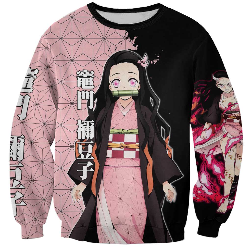 Nezuko Kamado from Demon Slayer Sweatshirt with Pink Pattern Kimono and Demon Form Flames Design - The Mazicc