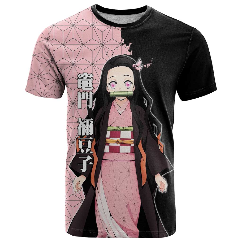 Nezuko Kamado from Demon Slayer T Shirt with Pink Pattern Kimono and Demon Form Flames Design - The Mazicc