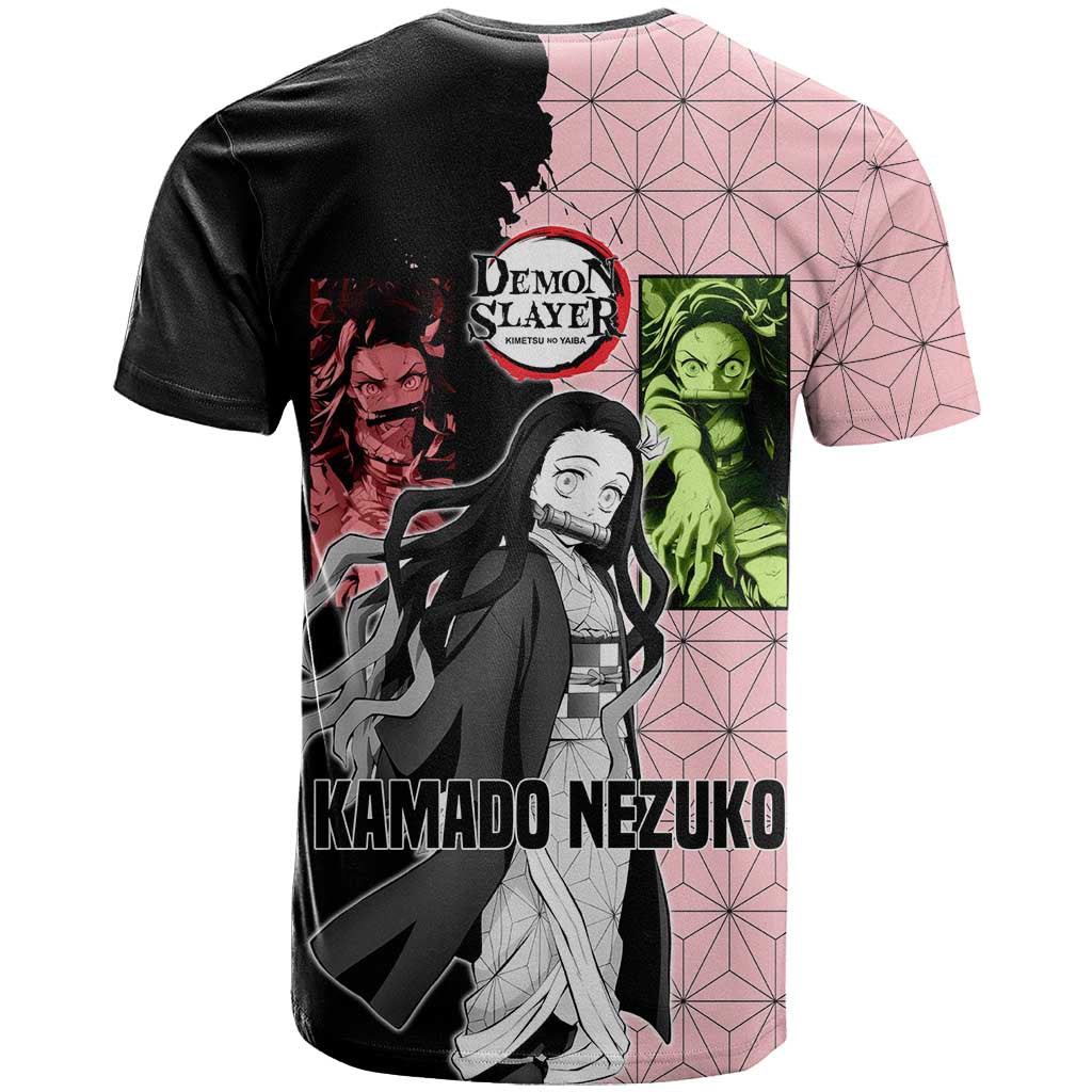 Nezuko Kamado from Demon Slayer T Shirt with Pink Pattern Kimono and Demon Form Flames Design - The Mazicc