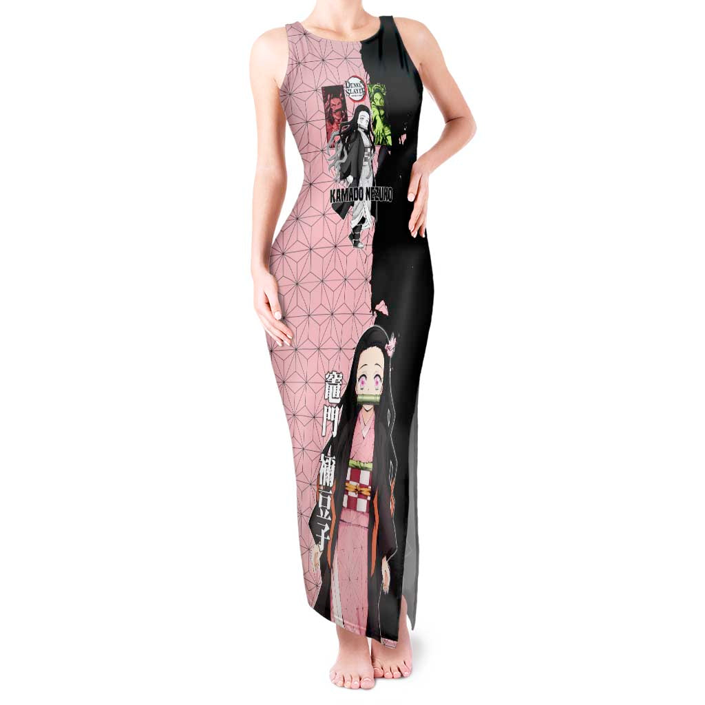 Nezuko Kamado from Demon Slayer Tank Maxi Dress with Pink Pattern Kimono and Demon Form Flames Design - The Mazicc