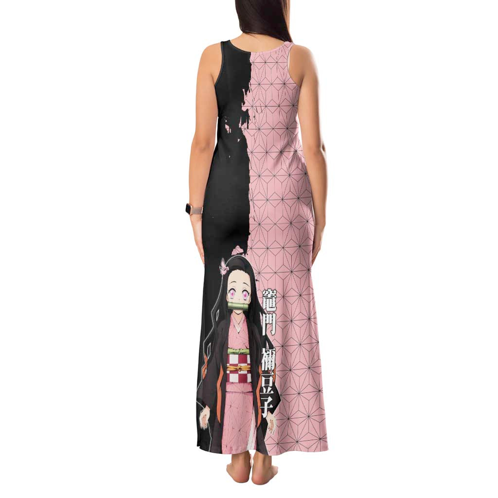 Nezuko Kamado from Demon Slayer Tank Maxi Dress with Pink Pattern Kimono and Demon Form Flames Design - The Mazicc