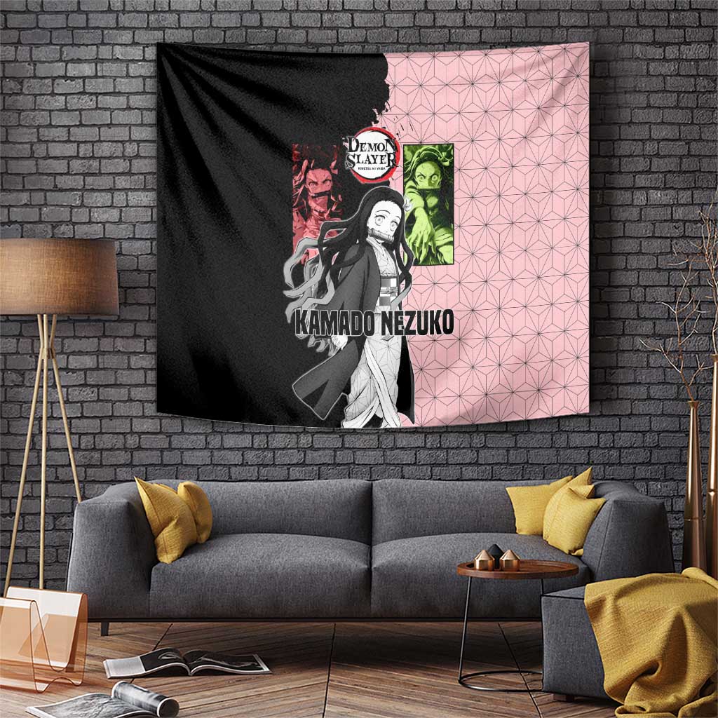 Nezuko Kamado from Demon Slayer Tapestry with Pink Pattern Kimono and Demon Form Flames Design - The Mazicc