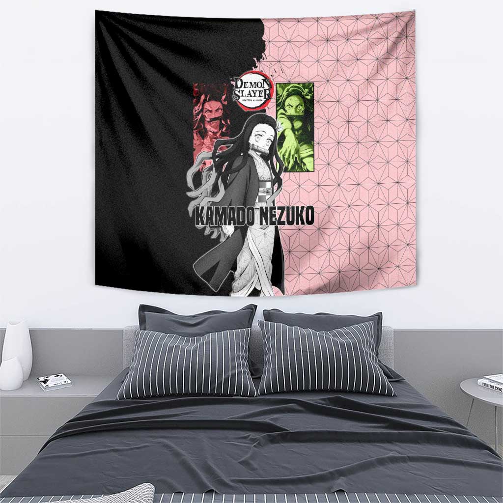 Nezuko Kamado from Demon Slayer Tapestry with Pink Pattern Kimono and Demon Form Flames Design - The Mazicc