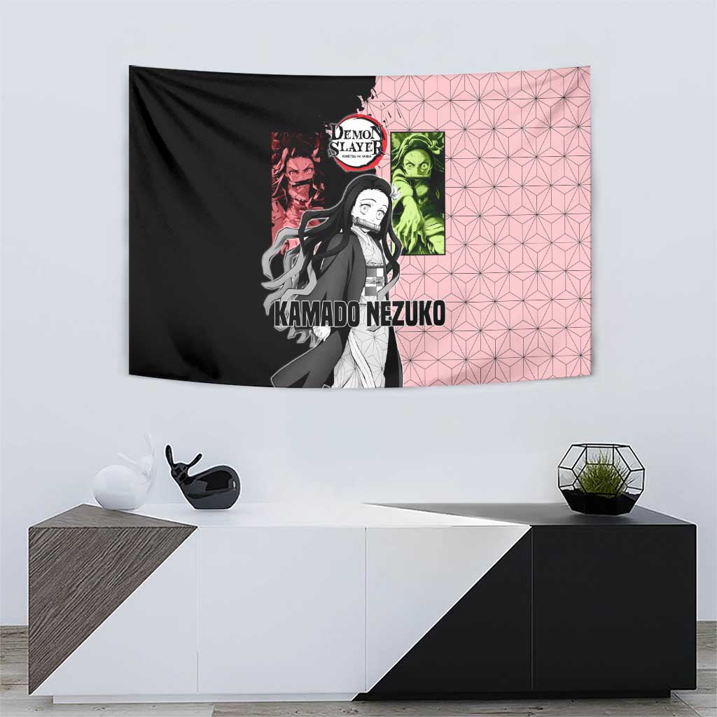 Nezuko Kamado from Demon Slayer Tapestry with Pink Pattern Kimono and Demon Form Flames Design - The Mazicc