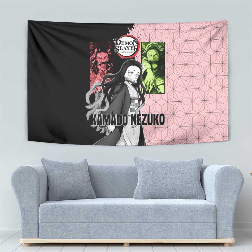Nezuko Kamado from Demon Slayer Tapestry with Pink Pattern Kimono and Demon Form Flames Design - The Mazicc
