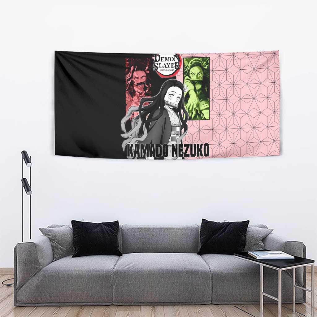 Nezuko Kamado from Demon Slayer Tapestry with Pink Pattern Kimono and Demon Form Flames Design - The Mazicc