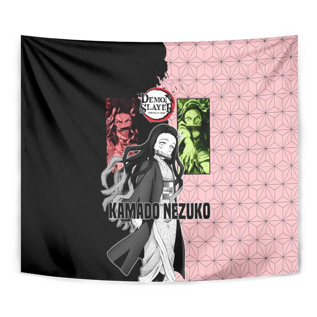 Nezuko Kamado from Demon Slayer Tapestry with Pink Pattern Kimono and Demon Form Flames Design - The Mazicc
