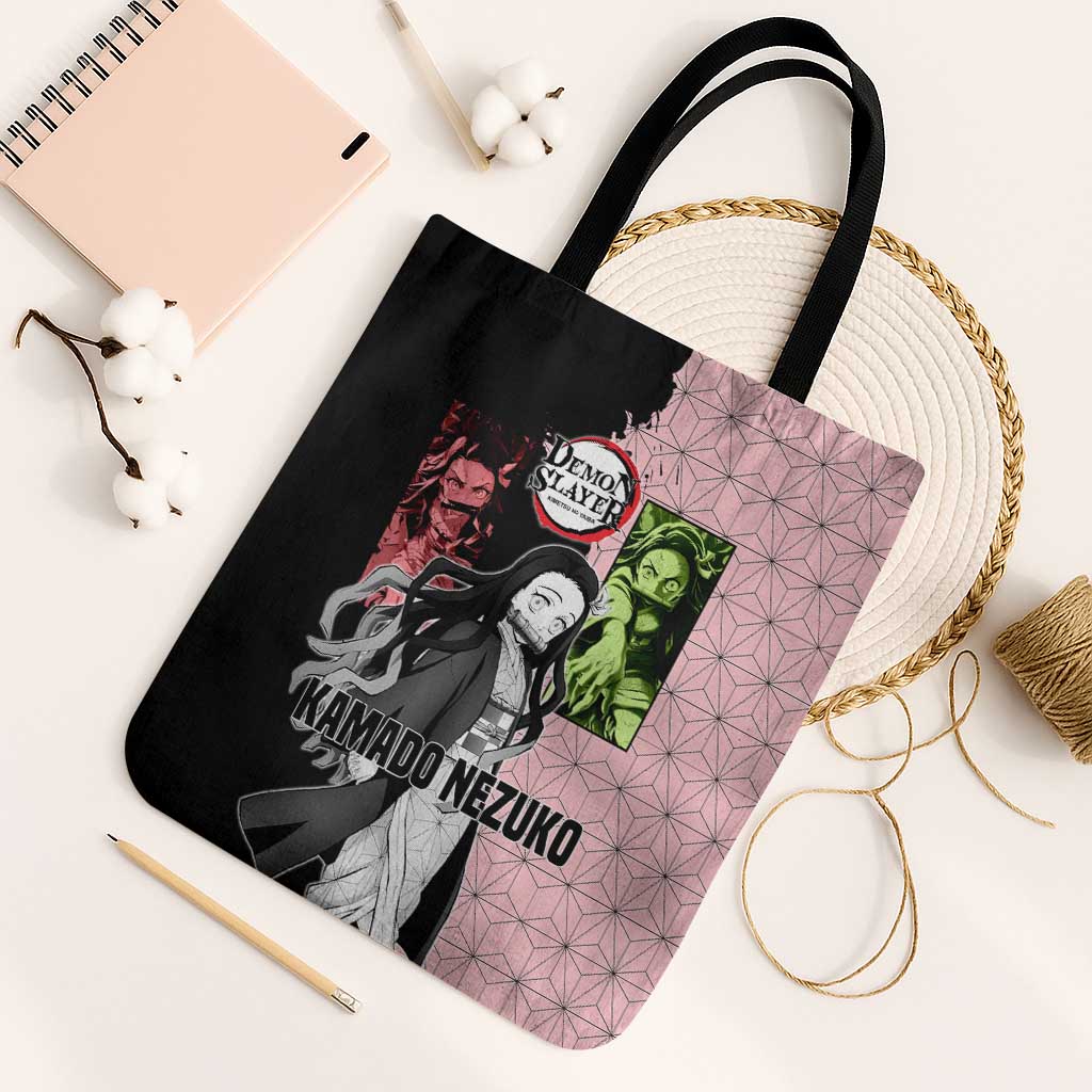 Nezuko Kamado from Demon Slayer Tote Bag with Pink Pattern Kimono and Demon Form Flames Design - The Mazicc