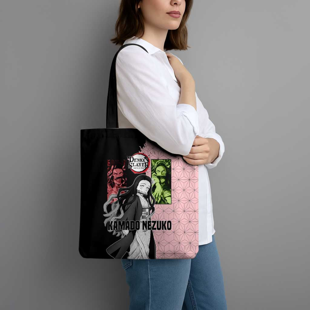 Nezuko Kamado from Demon Slayer Tote Bag with Pink Pattern Kimono and Demon Form Flames Design - The Mazicc