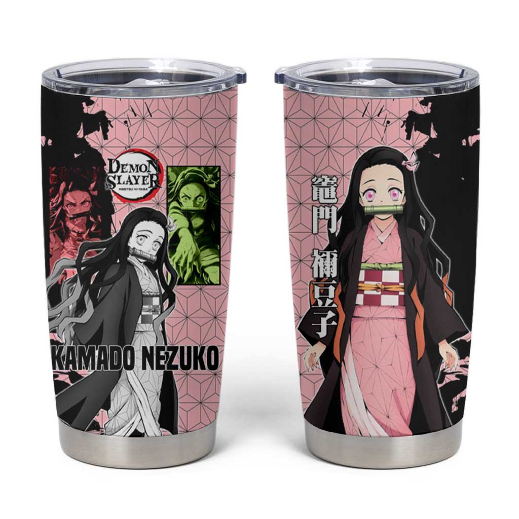 Nezuko Kamado from Demon Slayer Tumbler Cup with Pink Pattern Kimono and Demon Form Flames Design - The Mazicc