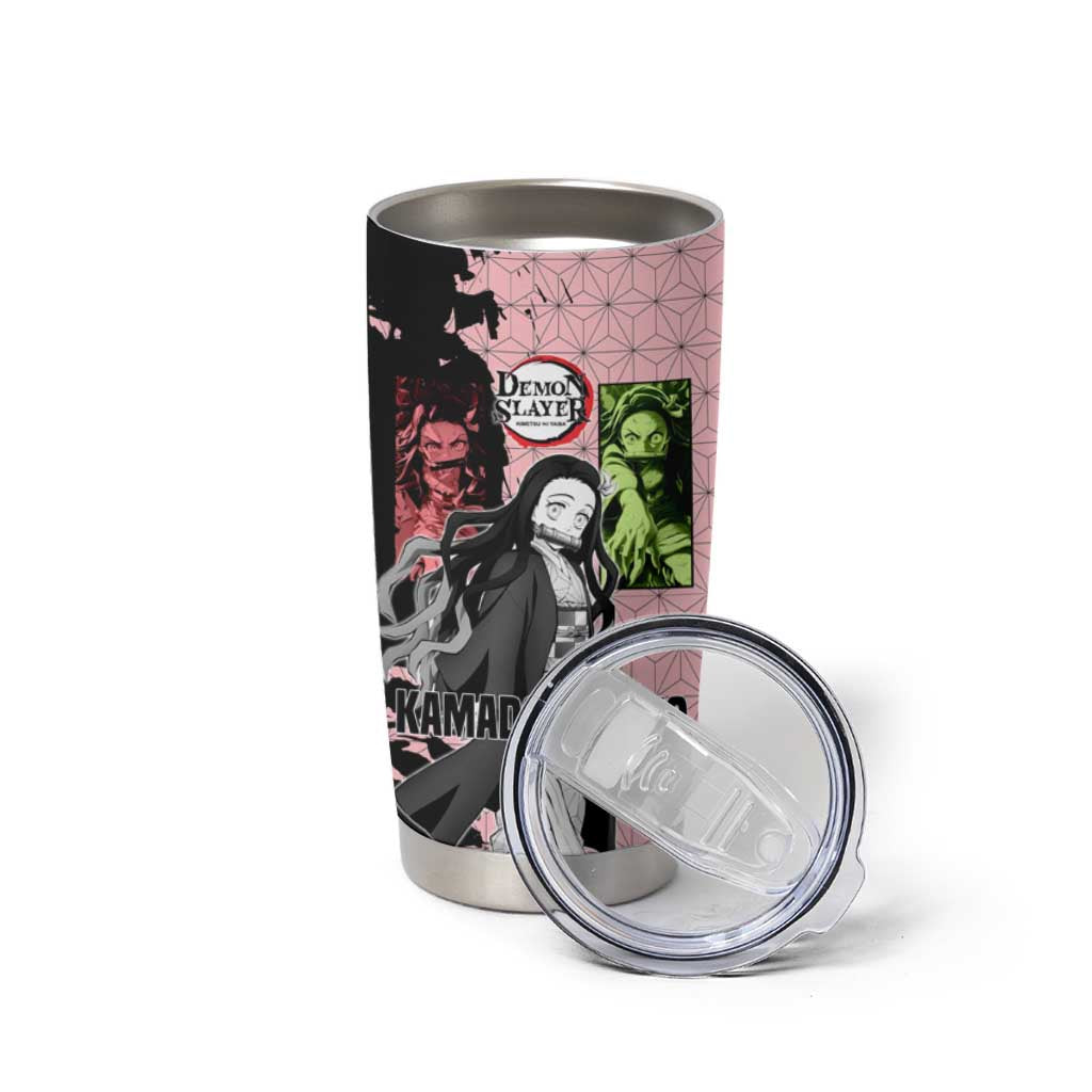 Nezuko Kamado from Demon Slayer Tumbler Cup with Pink Pattern Kimono and Demon Form Flames Design - The Mazicc